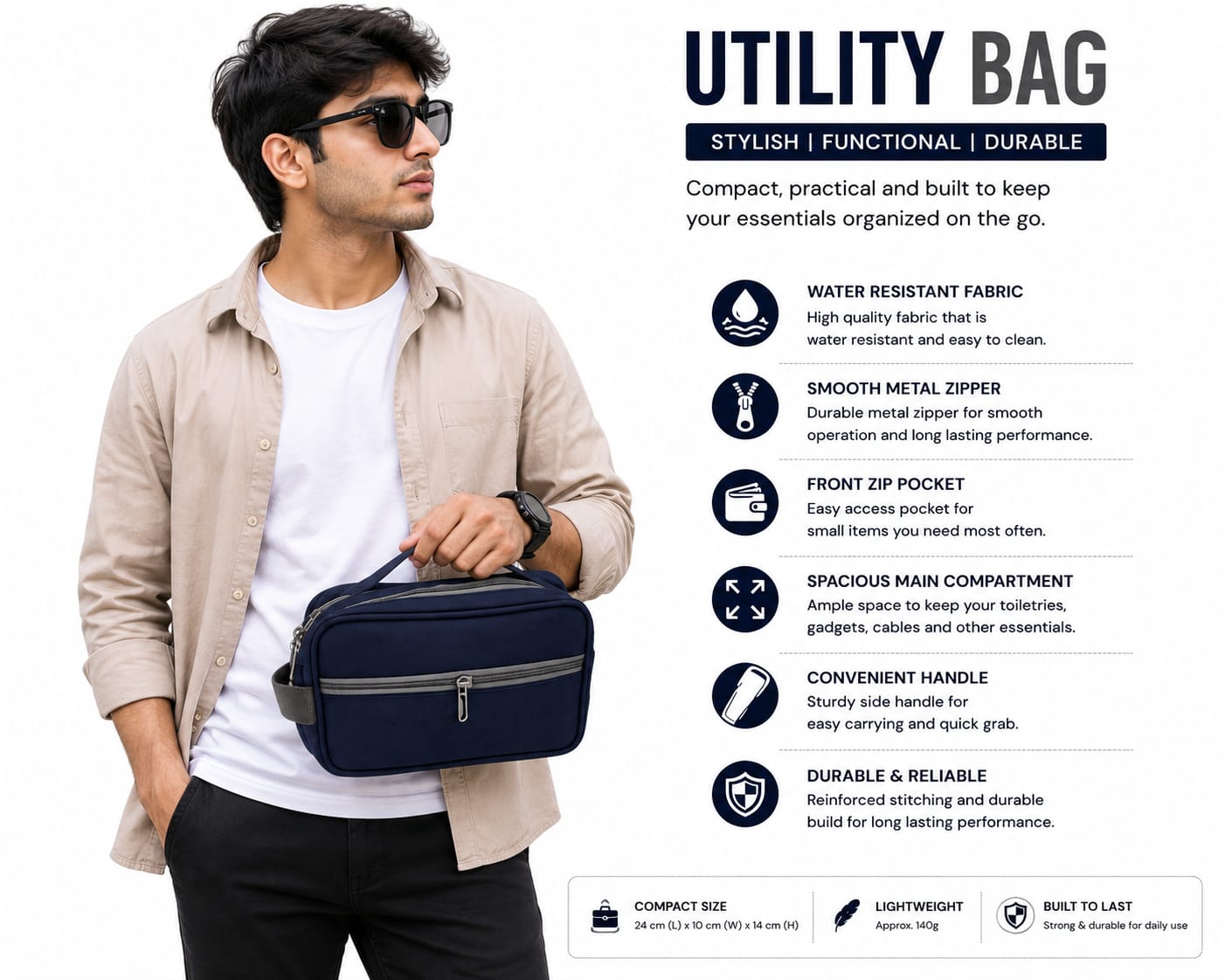 Silver Travel Toiletry Bag for Men & Women | Water-Resistant Shaving Kit Organizer | Multi-Compartment Cosmetic & Grooming Pouch with Zipper | Portable Wash Bag | Grey nd blue