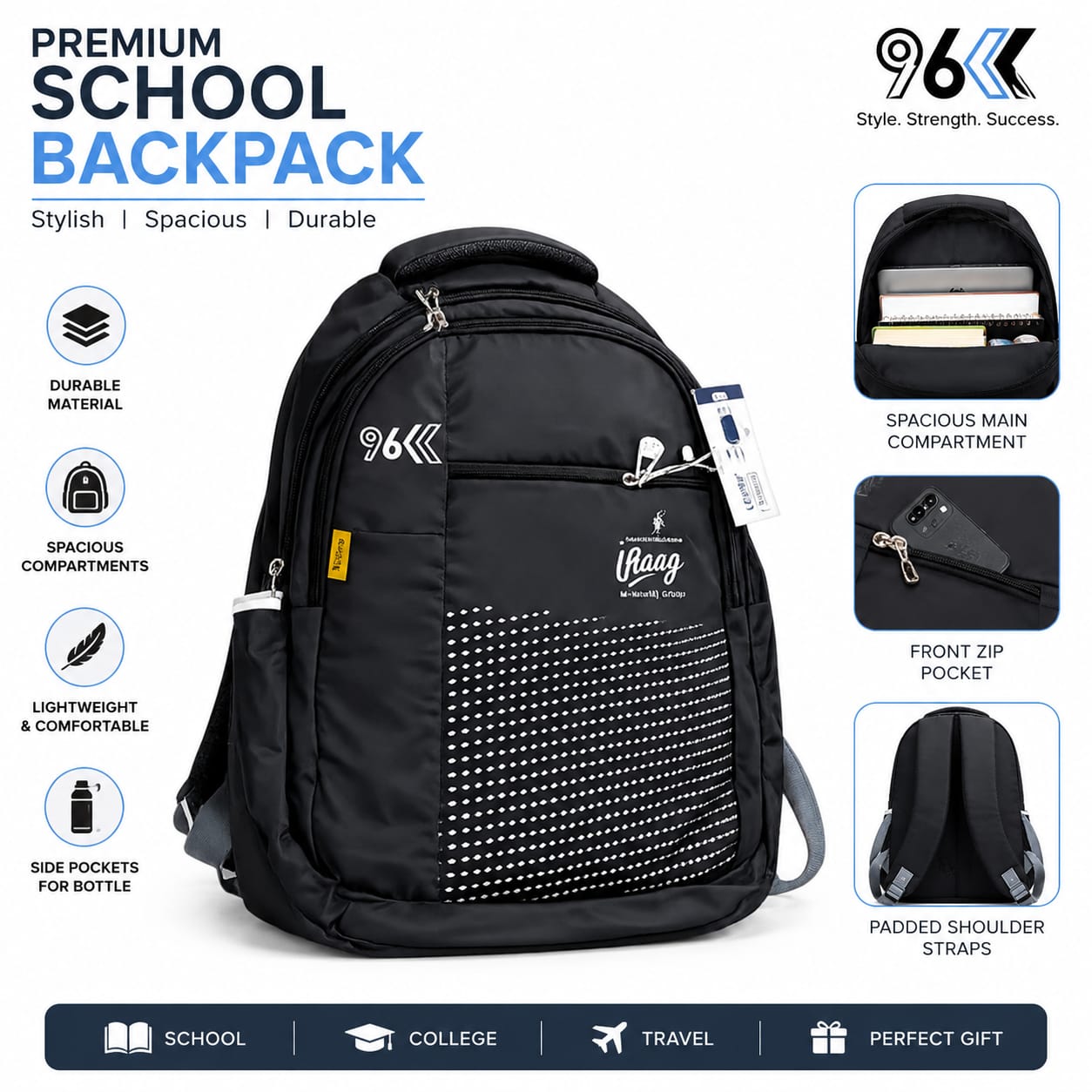 school bag for boys   | Water-Resistant College & Office Bag | Travel Backpack with Multiple Compartments & Side Bottle Pockets | Black