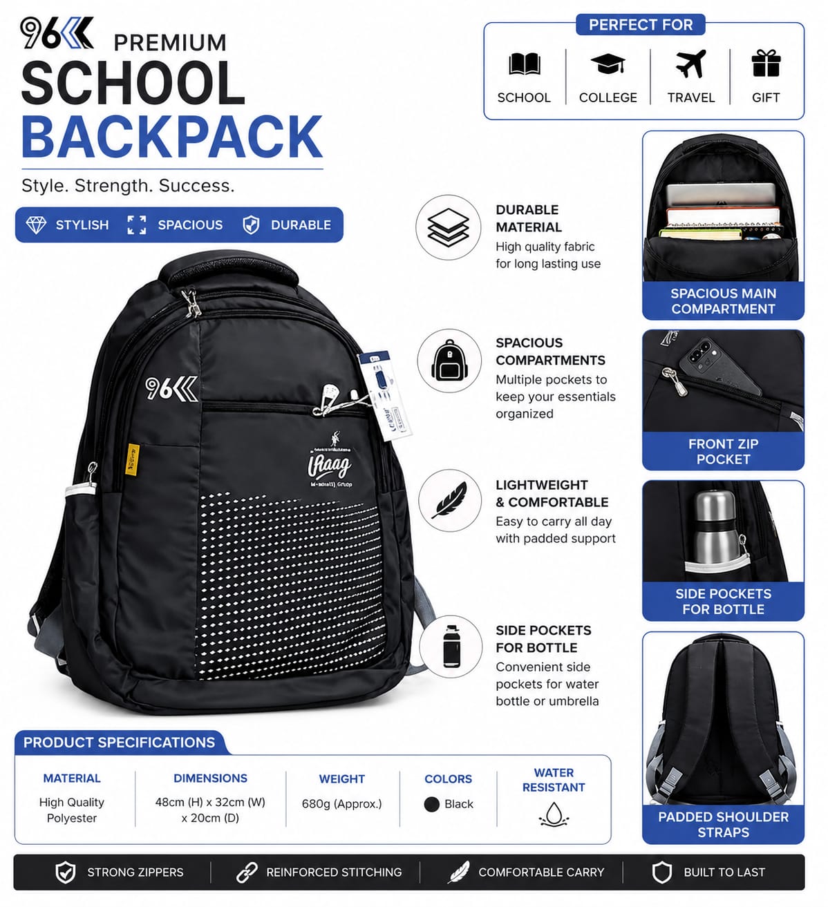 school bag for boys   | Water-Resistant College & Office Bag | Travel Backpack with Multiple Compartments & Side Bottle Pockets | Black