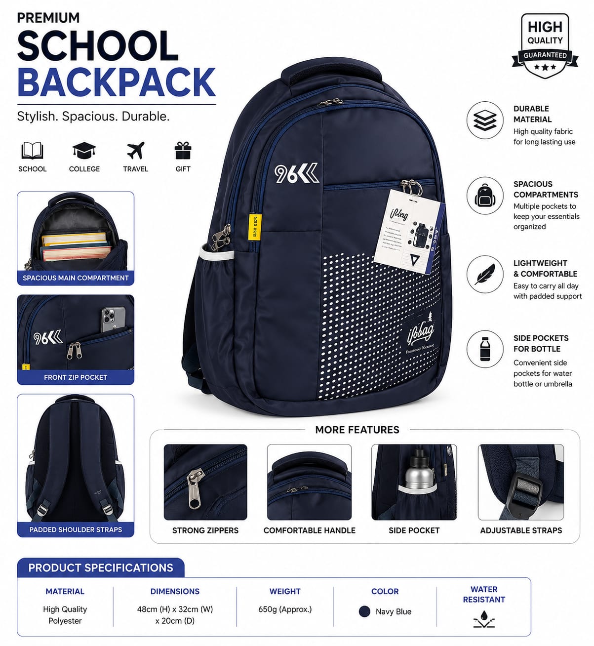 school bag for boys   | Water-Resistant College & Office Bag | Travel Backpack with Multiple Compartments & Side Bottle Pockets | Black