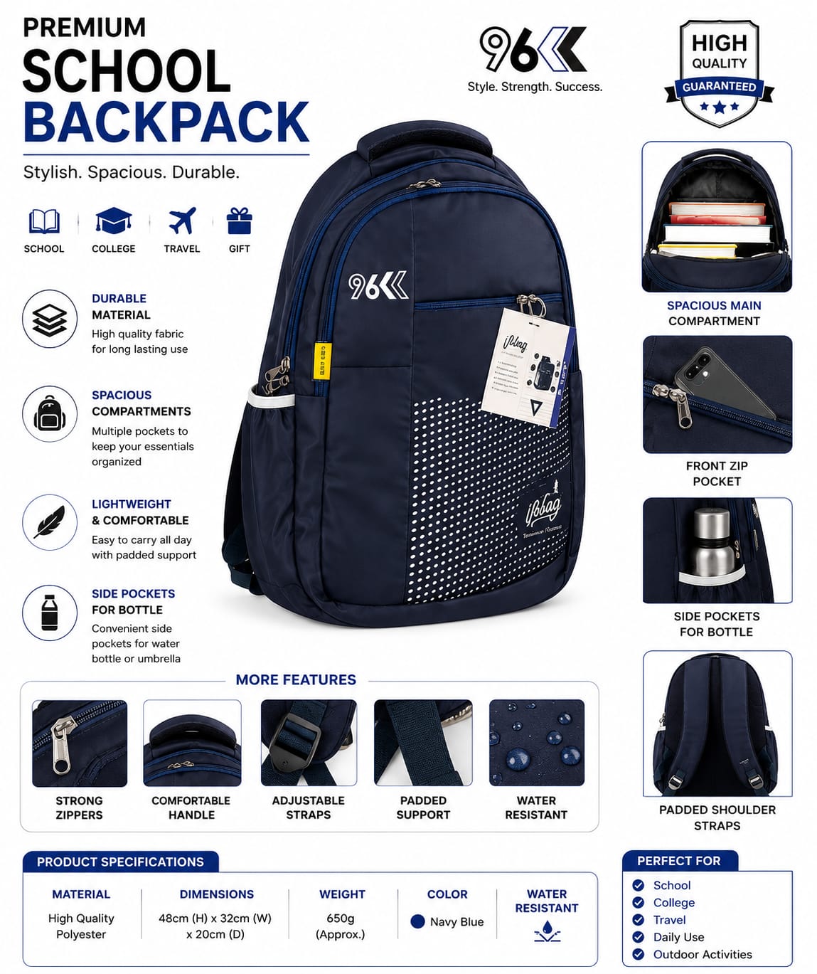 school bag for boys   | Water-Resistant College & Office Bag | Travel Backpack with Multiple Compartments & Side Bottle Pockets | Black