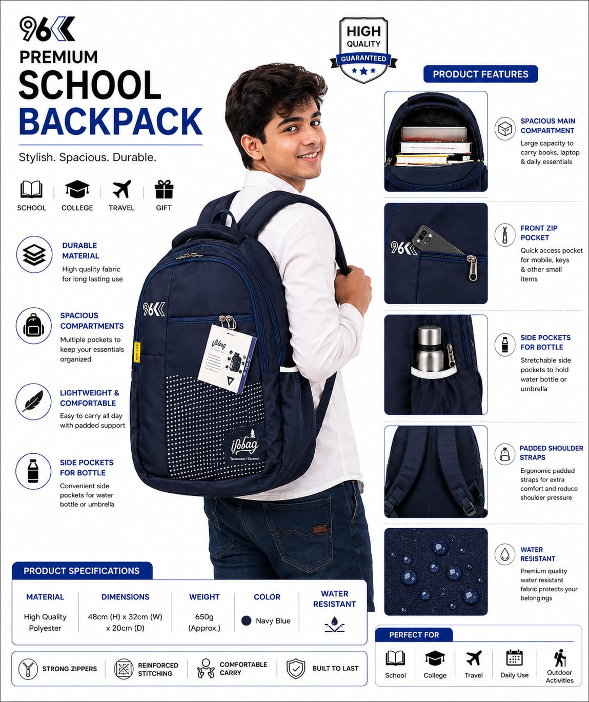 school bag for boys   | Water-Resistant College & Office Bag | Travel Backpack with Multiple Compartments & Side Bottle Pockets | Black