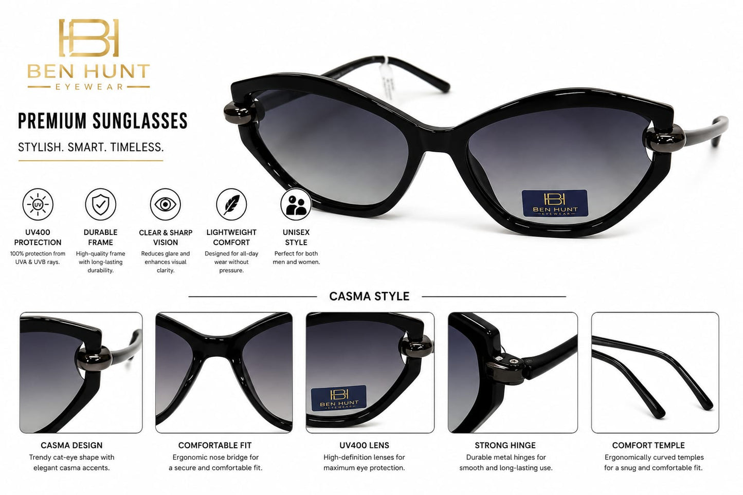 BEN HUNT Women's Cat Eye Sunglasses | UV400 Gradient Grey Lenses | Premium Black Frame | Lightweight Fashion Eyewear for Driving, Travel & Outdoor Use
