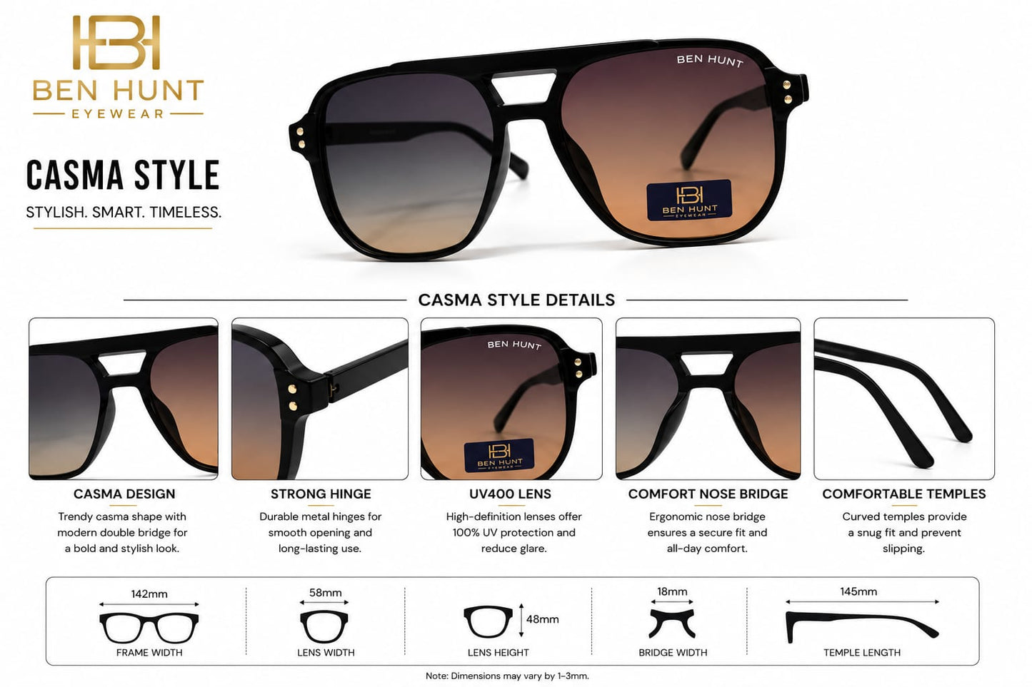 BEN HUNT Aviator Sunglasses for Men & Women | UV400 Gradient Grey Lenses | Lightweight Premium Square Metal Accent Frame | Unisex Eyewear for Driving, Travel & Outdoor Use