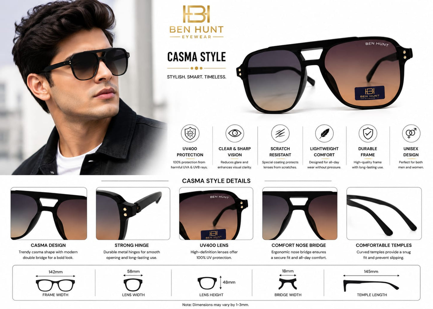 BEN HUNT Aviator Sunglasses for Men & Women | UV400 Gradient Grey Lenses | Lightweight Premium Square Metal Accent Frame | Unisex Eyewear for Driving, Travel & Outdoor Use