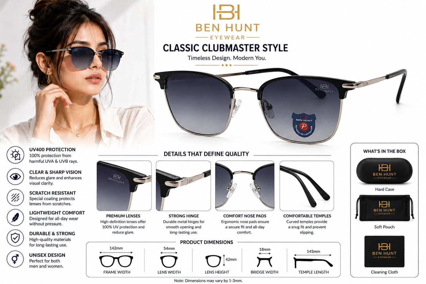 BEN HUNT Clubmaster Sunglasses for Men & Women | UV400 Gradient Grey Lenses | Premium Half-Rim Metal Frame | Lightweight Unisex Eyewear for Driving, Travel & Outdoor Use