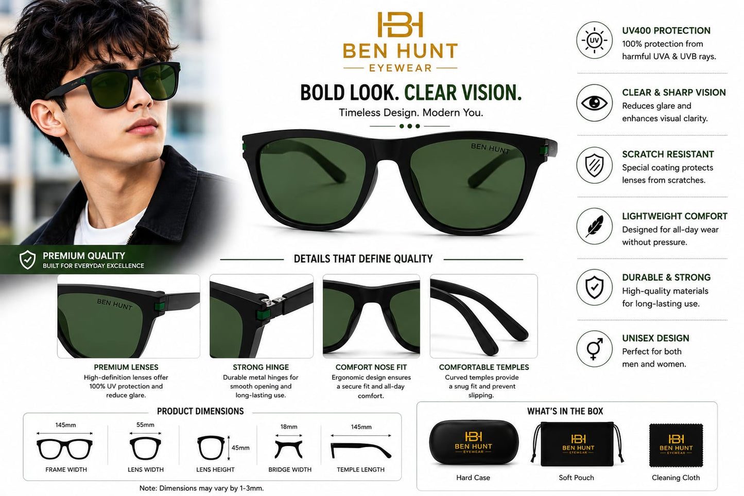 BEN HUNT Wayfarer Sunglasses for Men & Women | UV400 Green Lenses | Premium Black Full-Frame | Lightweight Unisex Eyewear for Driving, Travel & Outdoor Use