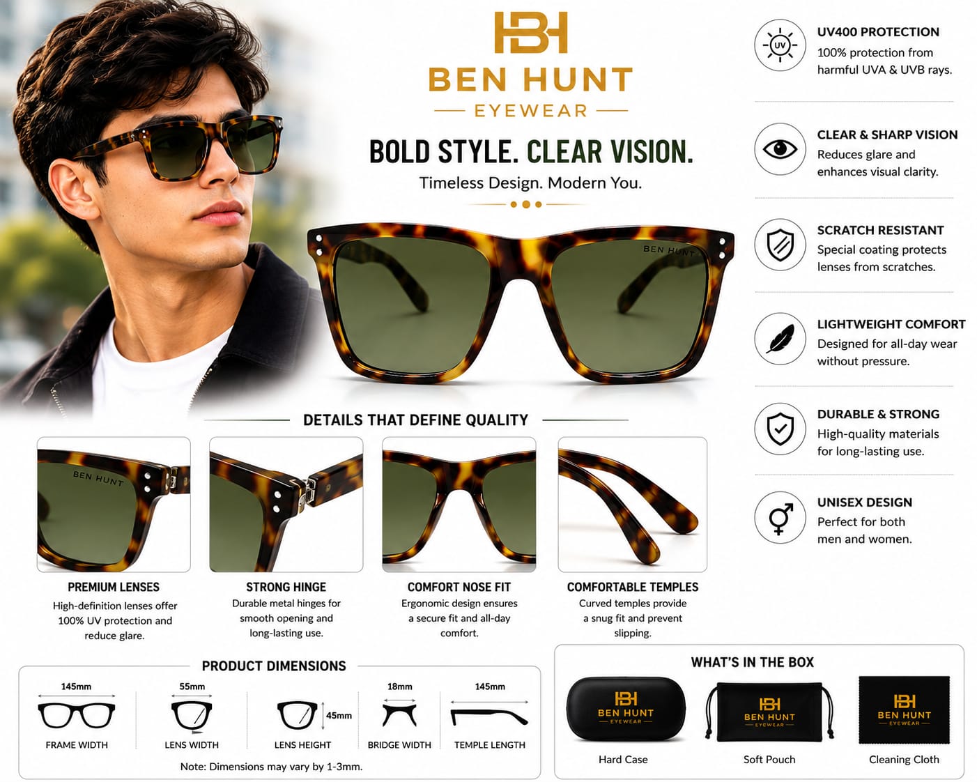 Ben Hunt Premium UV400 Polarized Square Sunglasses for Men & Women | Tortoise Brown Frame with Green Lens | Lightweight, Scratch-Resistant, Stylish Eyewear for Driving, Travel & Outdoor Use