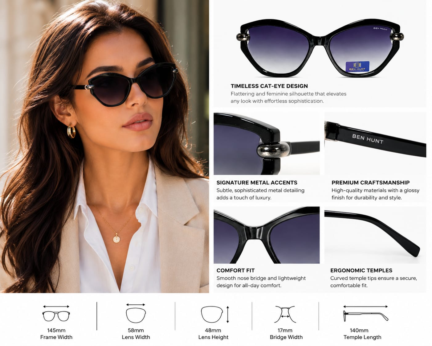 BEN HUNT Women's Cat Eye Sunglasses | UV400 Gradient Grey Lenses | Premium Black Frame | Lightweight Fashion Eyewear for Driving, Travel & Outdoor Use
