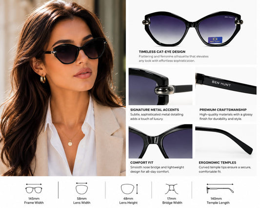 BEN HUNT Women's Cat Eye Sunglasses | UV400 Gradient Grey Lenses | Premium Black Frame | Lightweight Fashion Eyewear for Driving, Travel & Outdoor Use