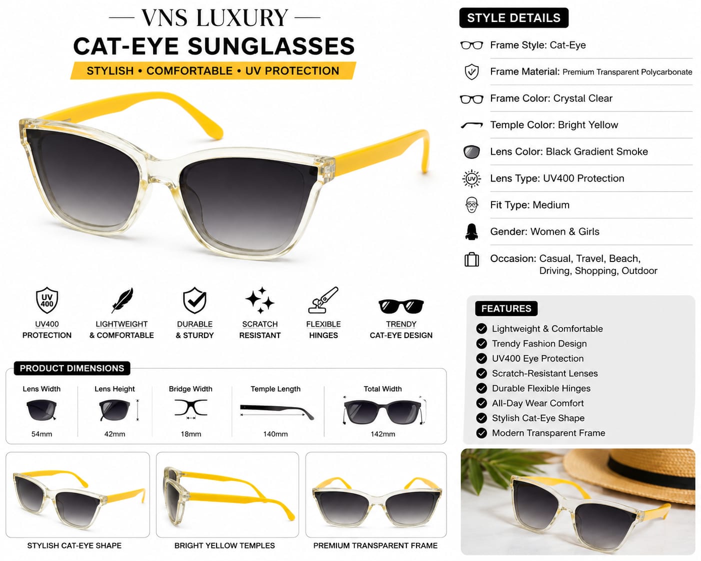 Kids UV400 Sunglasses for Boys  | Stylish Cat Eye Frame | Gradient Black Lens | Transparent Crystal Frame with Yellow Temples | Lightweight Outdoor Sunglasses for Ages 5–12