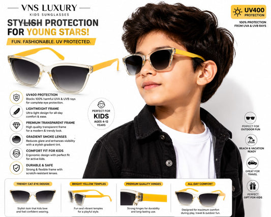 Kids UV400 Sunglasses for Boys  | Stylish Cat Eye Frame | Gradient Black Lens | Transparent Crystal Frame with Yellow Temples | Lightweight Outdoor Sunglasses for Ages 5–12