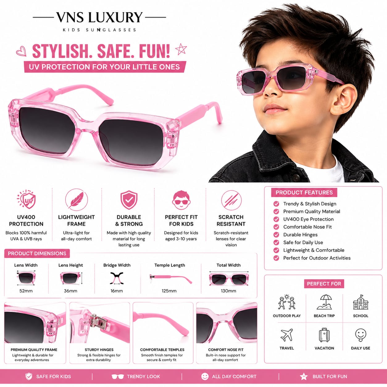 Kids UV400 Sunglasses for Boys  | Rectangle Fashion Sunglasses | Transparent Pink Frame with Gradient Black Lenses | Lightweight Outdoor Eyewear for Ages 5–12