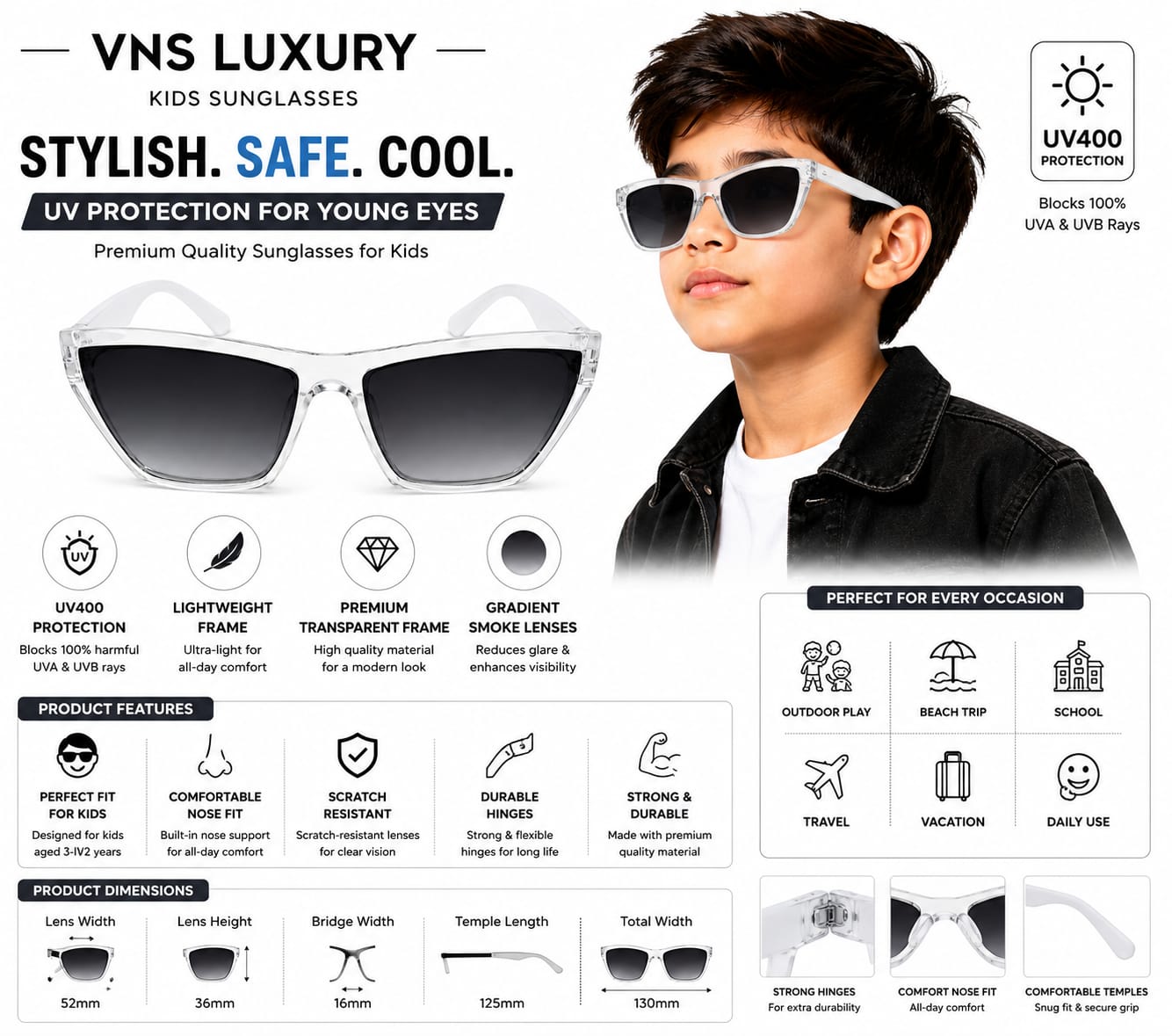 Kids Cat Eye UV400 Sunglasses for Boys  | Transparent Crystal Frame with White Temples | Gradient Black Lenses | Lightweight Fashion Eyewear for Outdoor Use (Ages 5–12)