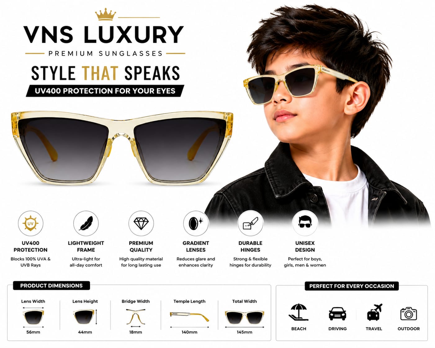 Kids UV400 Cat Eye Sunglasses for Boys & Girls | Transparent Yellow Frame with Gradient Black Lenses | Lightweight Fashion Eyewear for Outdoor Activities (Ages 5–12)