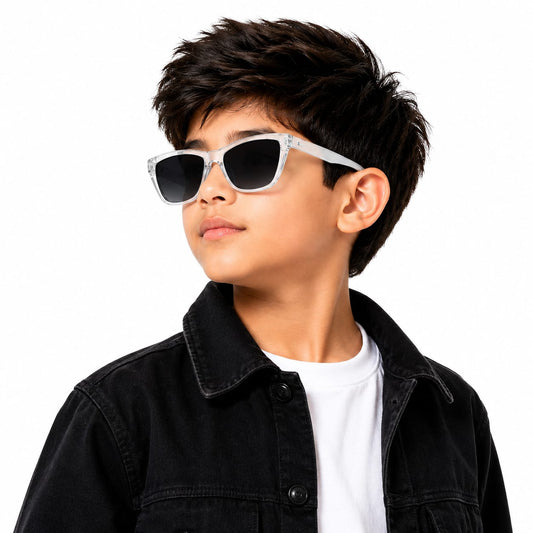 Kids Cat Eye UV400 Sunglasses for Boys  | Transparent Crystal Frame with White Temples | Gradient Black Lenses | Lightweight Fashion Eyewear for Outdoor Use (Ages 5–12)