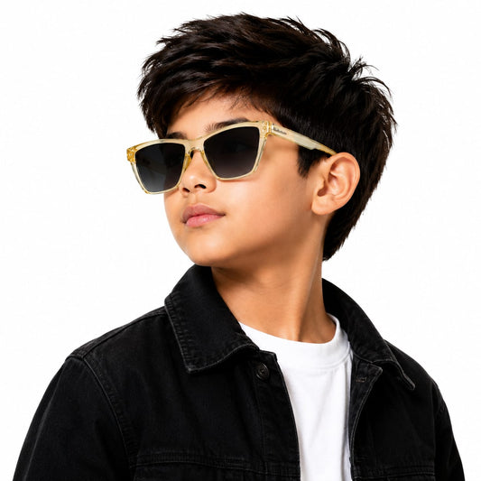Kids UV400 Cat Eye Sunglasses for Boys & Girls | Transparent Yellow Frame with Gradient Black Lenses | Lightweight Fashion Eyewear for Outdoor Activities (Ages 5–12)