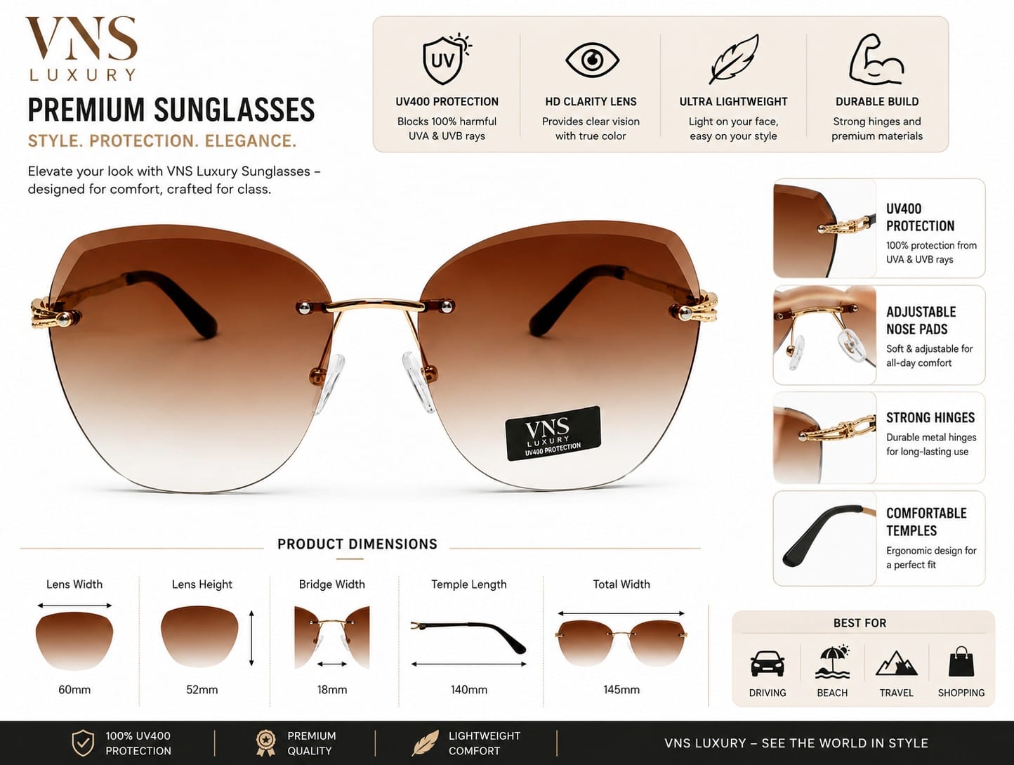 Women's Rimless Oversized Square Sunglasses – UV400 Protection, Brown Gradient Lenses, Gold Metal Frame, Lightweight Fashion Sunglasses for Driving, Travel & Outdoor Wear