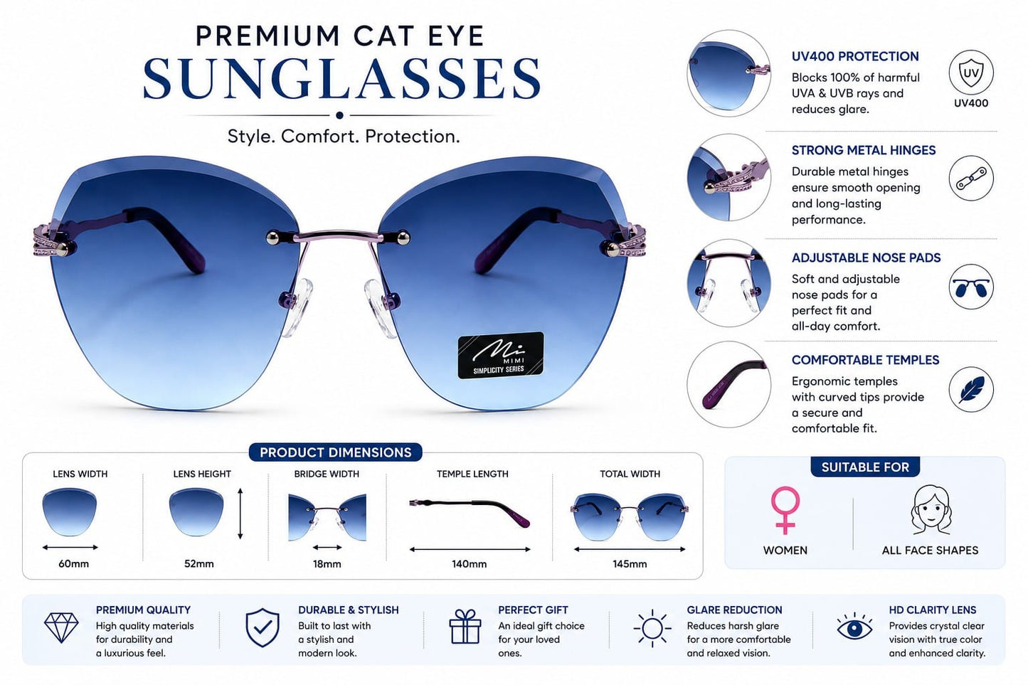 Women's Rimless Oversized Square Sunglasses – UV400 Protection, Black Gradient Lenses, Gunmetal Metal Frame, Lightweight Fashion Sunglasses for Driving, Travel & Outdoor Wear