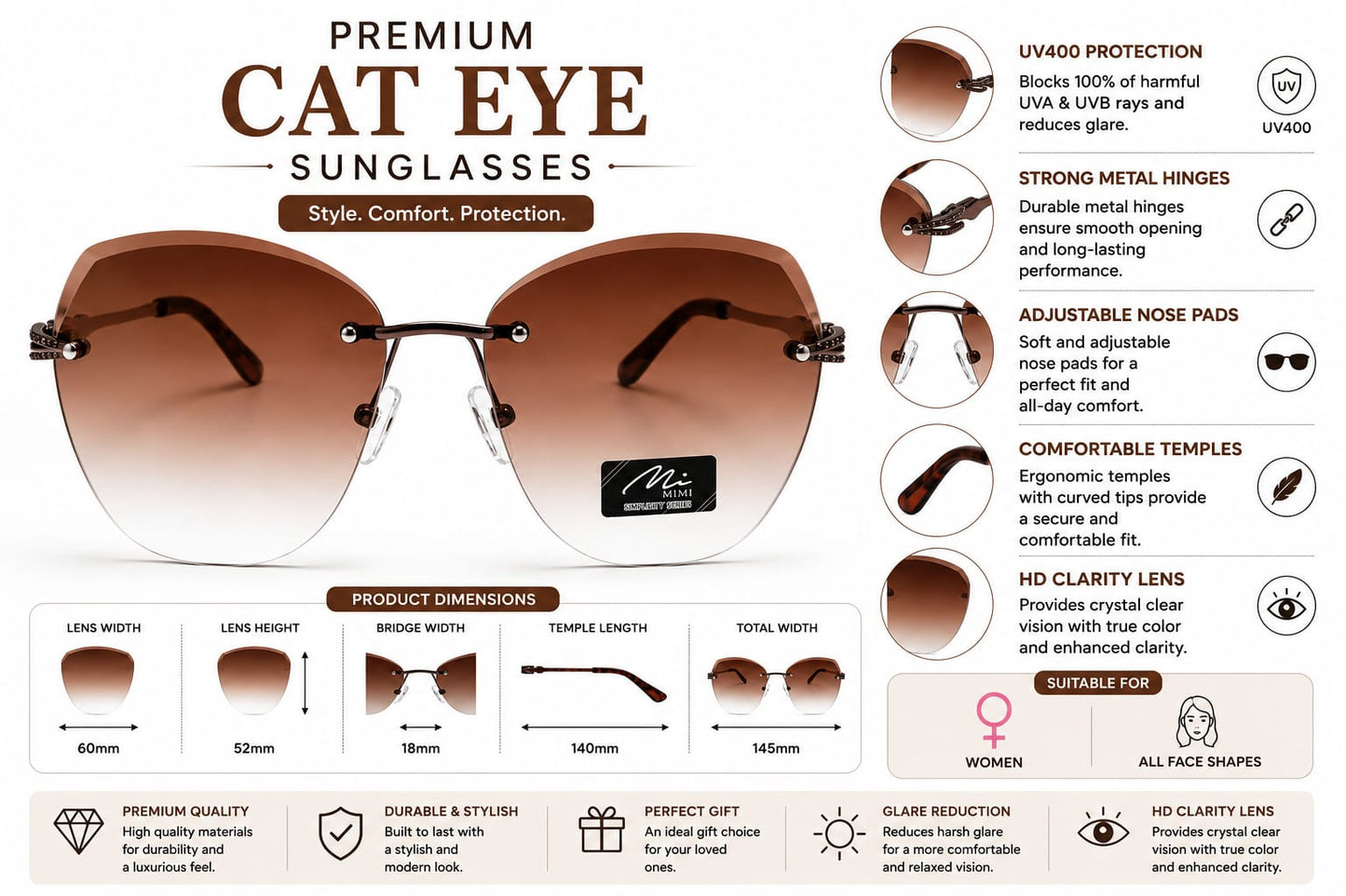 Women's Rimless Oversized Square Sunglasses – UV400 Protection, Brown Gradient Lenses, Gunmetal Metal Frame, Lightweight Designer Fashion Sunglasses for Driving, Travel & Outdoor Wear