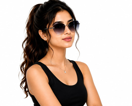 Women's Rimless Oversized Square Sunglasses – UV400 Protection, Blue Grey Gradient Lenses, Black Metal Frame, Lightweight Fashion Sunglasses for Driving, Travel & Outdoor Wear