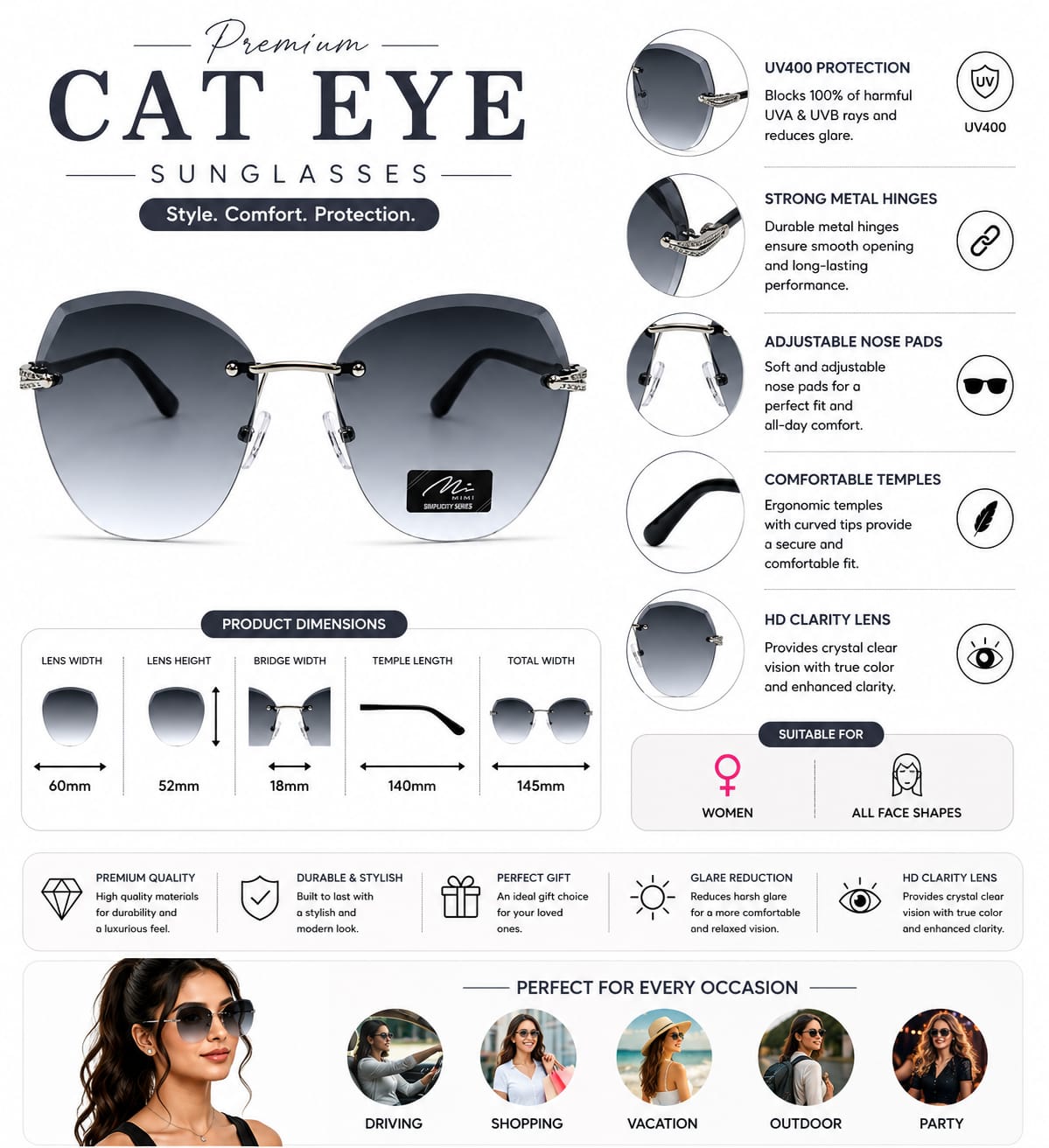 Women's Rimless Oversized Square Sunglasses – UV400 Protection, Grey Gradient Lenses, Silver Metal Frame, Lightweight Fashion Sunglasses for Driving, Travel & Outdoor Wear