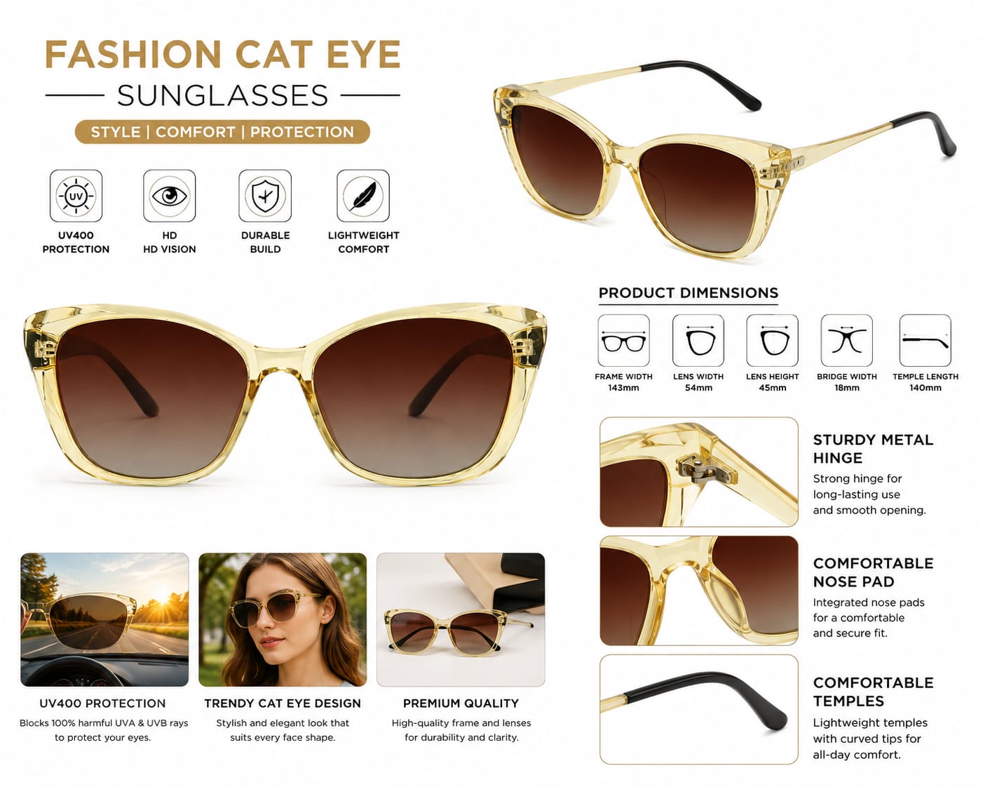 Women's Oversized Cat Eye Sunglasses – UV400 Protection, Transparent Champagne Frame with Brown Gradient Lenses, Lightweight Fashion Sunglasses for Driving, Travel & Daily Wear