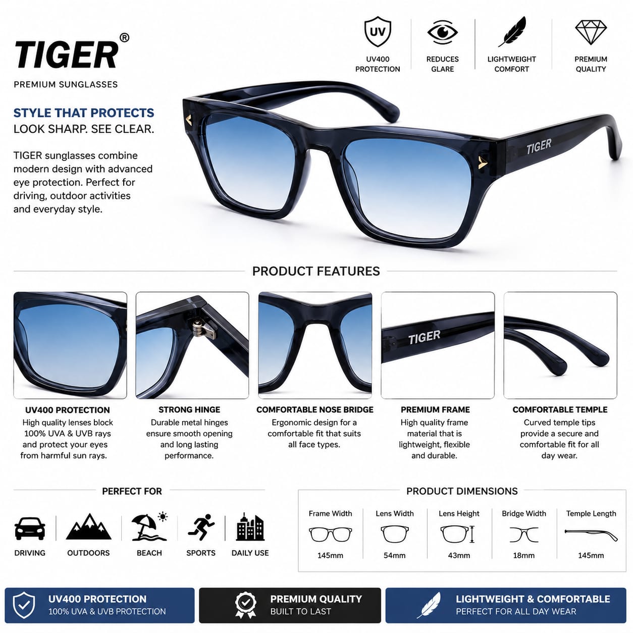 Unisex Square Sunglasses – UV400 Protection, Blue Gradient Lenses, Glossy Black Frame, Lightweight Fashion Sunglasses for Men & Women, Driving, Travel & Outdoor Wear