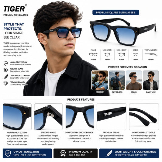 Unisex Square Sunglasses – UV400 Protection, Blue Gradient Lenses, Glossy Black Frame, Lightweight Fashion Sunglasses for Men & Women, Driving, Travel & Outdoor Wear