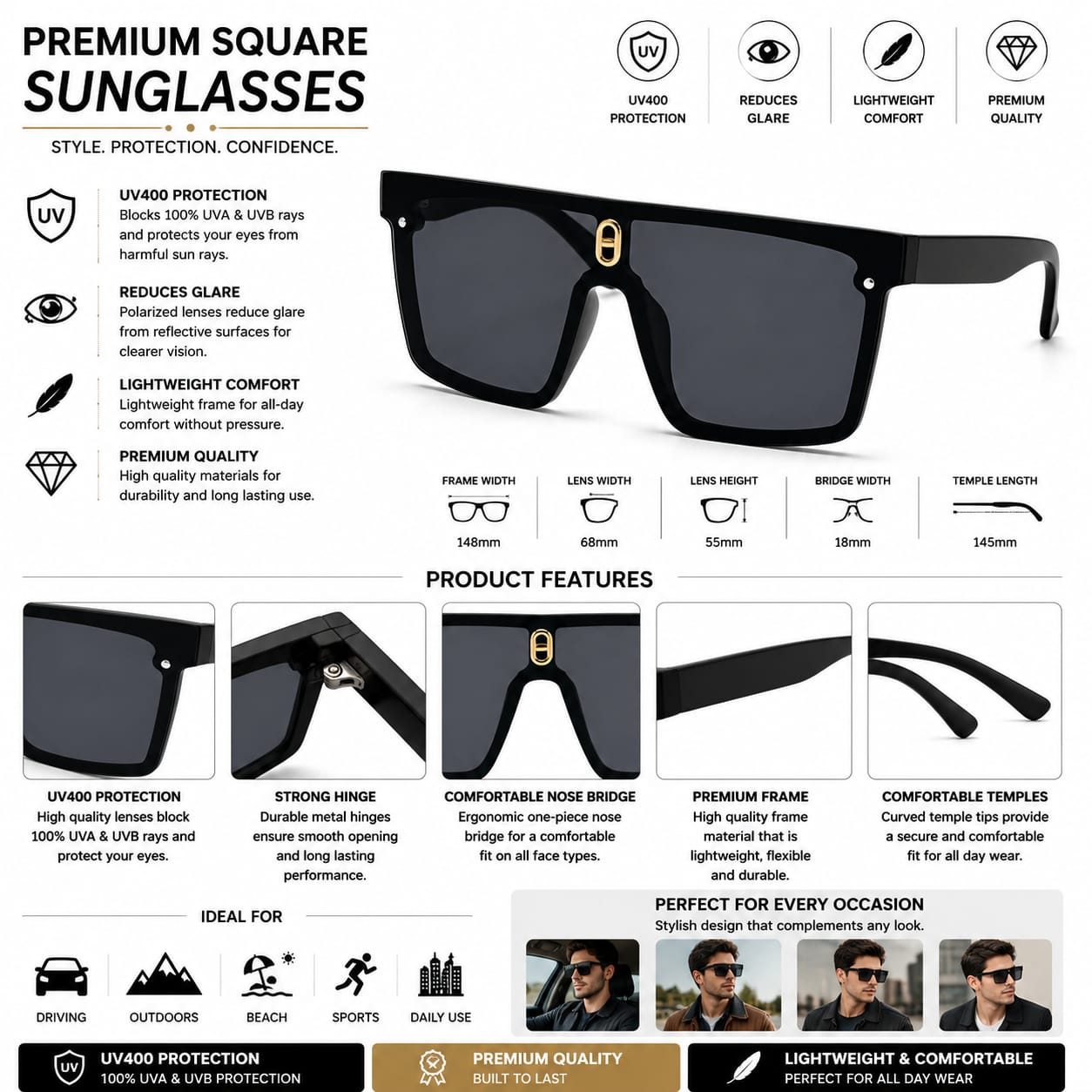 Unisex Oversized Flat Top Square Sunglasses – UV400 Protection, Black Frame with Smoke Grey Lenses, Trendy Fashion Sunglasses for Men & Women, Driving, Travel & Outdoor Wear