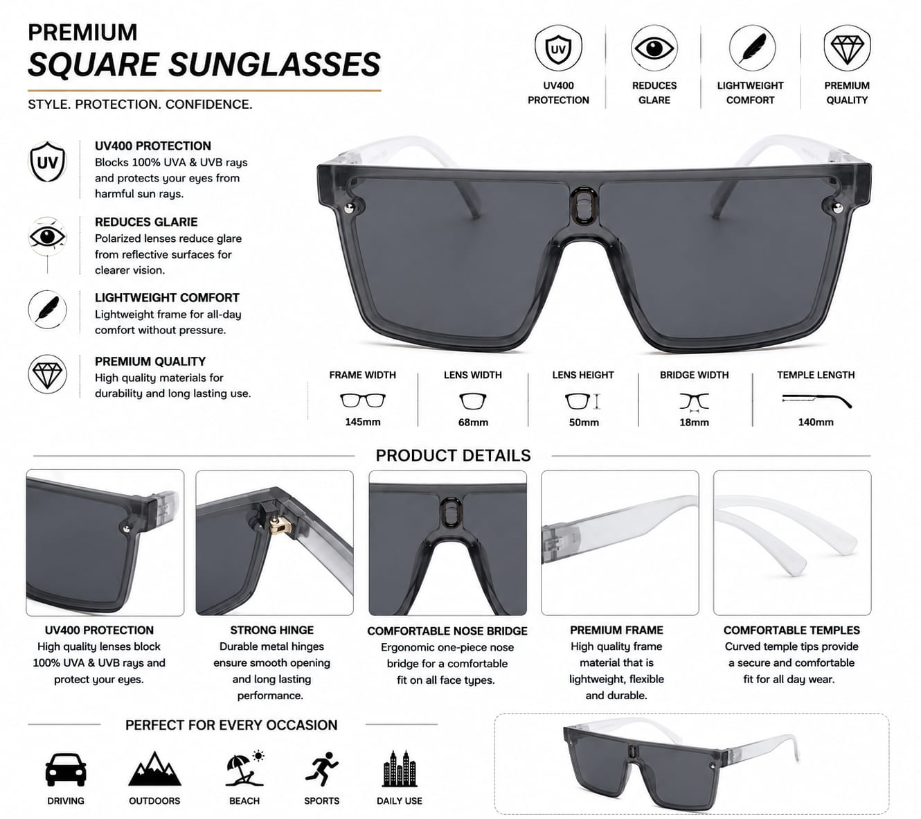 Unisex Oversized Flat Top Shield Sunglasses – UV400 Protection, Smoke Grey Lenses, Transparent Black Frame, Lightweight Fashion Sunglasses for Men & Women, Driving, Travel & Outdoor Wear