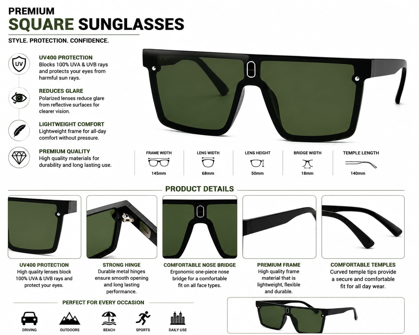 Unisex Oversized Flat Top Shield Sunglasses – UV400 Protection, Green Lenses, Black Frame, Lightweight Fashion Sunglasses for Men & Women, Driving, Travel & Outdoor Wear