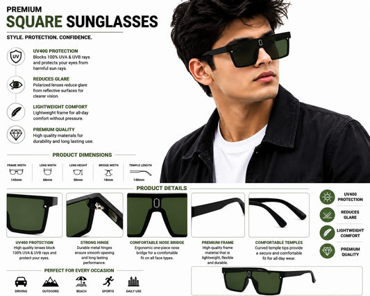 Unisex Oversized Flat Top Shield Sunglasses – UV400 Protection, Green Lenses, Black Frame, Lightweight Fashion Sunglasses for Men & Women, Driving, Travel & Outdoor Wear