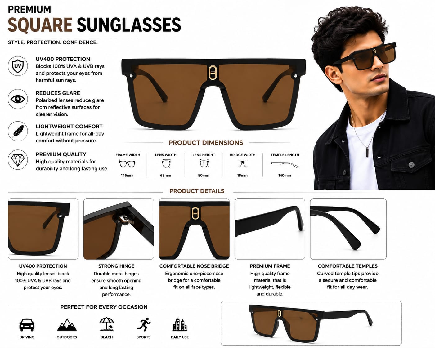 Unisex Oversized Flat Top Shield Sunglasses – UV400 Protection, Brown Lenses, Black Frame, Lightweight Fashion Sunglasses for Men & Women, Driving, Travel & Outdoor Wear