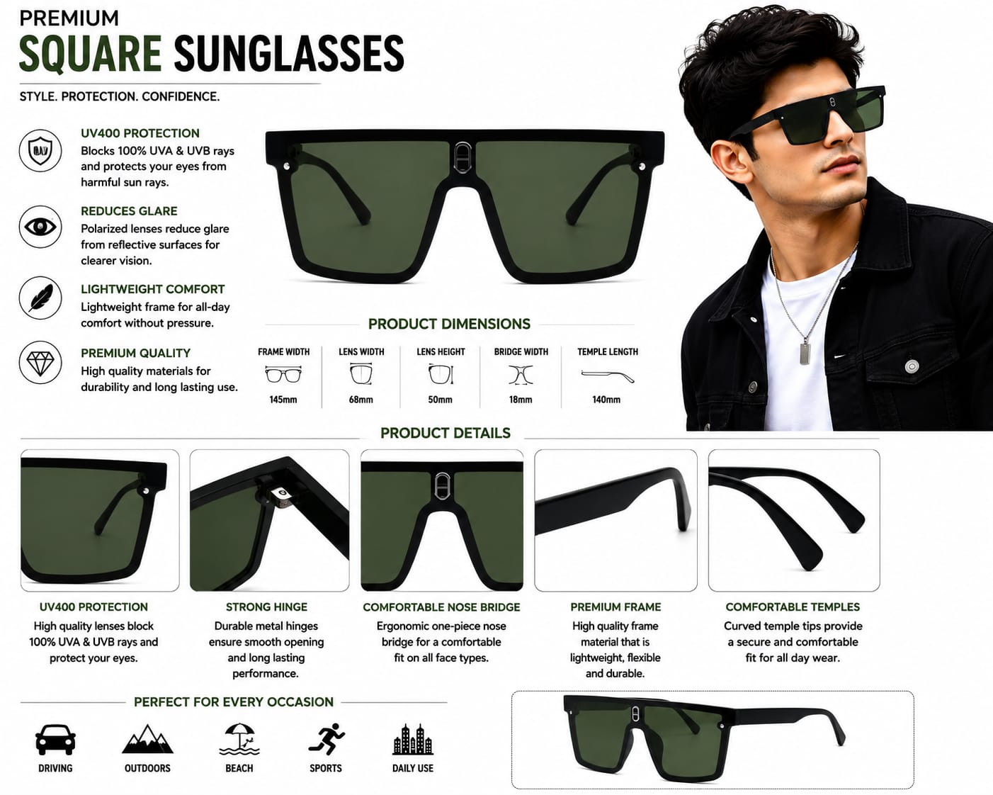 Unisex Oversized Flat Top Shield Sunglasses – UV400 Protection, Dark Green Lenses, Black Frame, Lightweight Fashion Sunglasses for Men & Women, Driving, Travel & Outdoor Wear