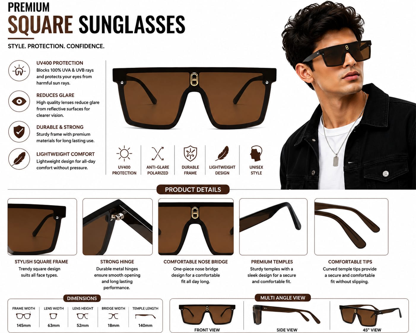 Unisex Oversized Square Sunglasses for Men & Women | UV400 Protected Gradient Brown Lens | Fashion Flat Top Shield Design | Lightweight Frame for Driving, Travel & Outdoor